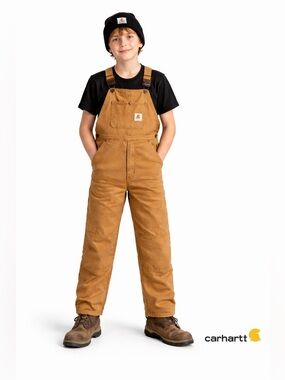 Carhartt Boys Size 12 Brown Duck Canvas Overalls Knee Pad Inseam 25 Workwear